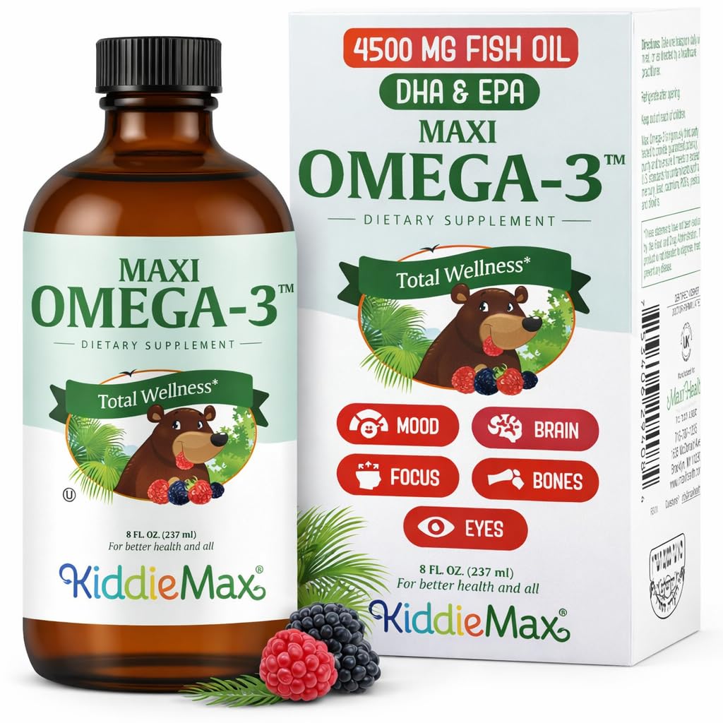 Maxi Health Omega 3 for Kids Suppplement - Kosher Omega 3 Kids Fish Oil Cair with DHA & EPA - Liquid Fish Oil Suplemen dengan Fruity Burst Flavor untuk mendukung Mood, Brain, Focus, Bones & Ez