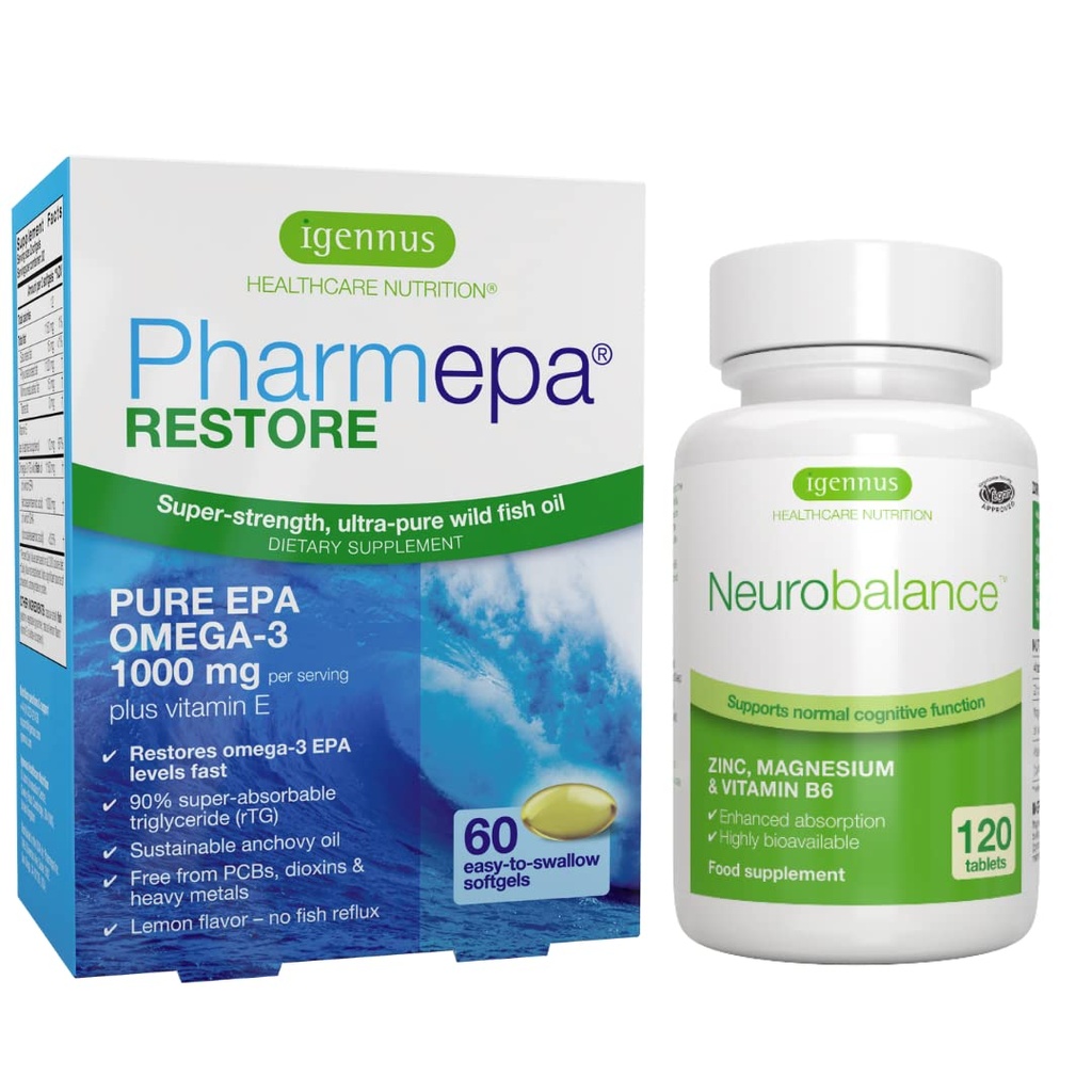 Igennus Pharmepa Restore EPA + Neurrobalance Zinc, Magnesium & Vitamin B6 Mood Health Bundle untuk Perhatian & Fokus