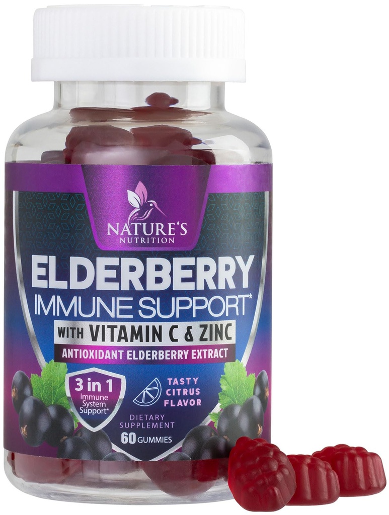 Immune Dukung Gummies - Sambucus Elderberry Gummy with Elderberry Extract, Zinc & Vitamin C, Vegan Natural Support Supplemen Orang Dewasa & Anak-anak, Gummy Elderberry Vitamin - 60 Gummies