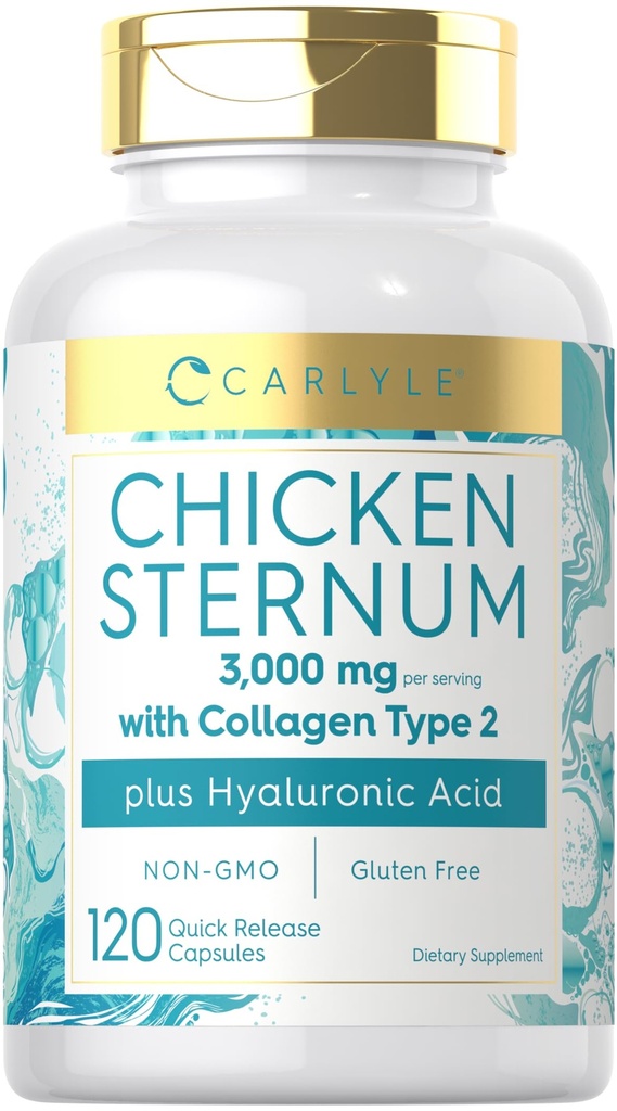 Carlyle Chicken Sternum Cartilage Collagen Capsules 124; Tipe II 3000mg 124; 120 Pistols 124; dengan Hyaluronic Accid 124; Non-GMO, Gluten Free
