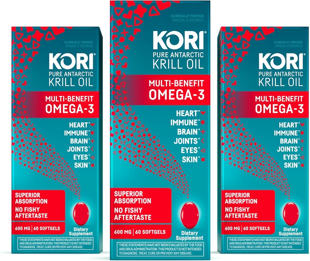 Kori Krill Oil Omega 3 Superior Absorpsi Oil Suplemen, EPA & DHA, 600 mg, 180 Softgels