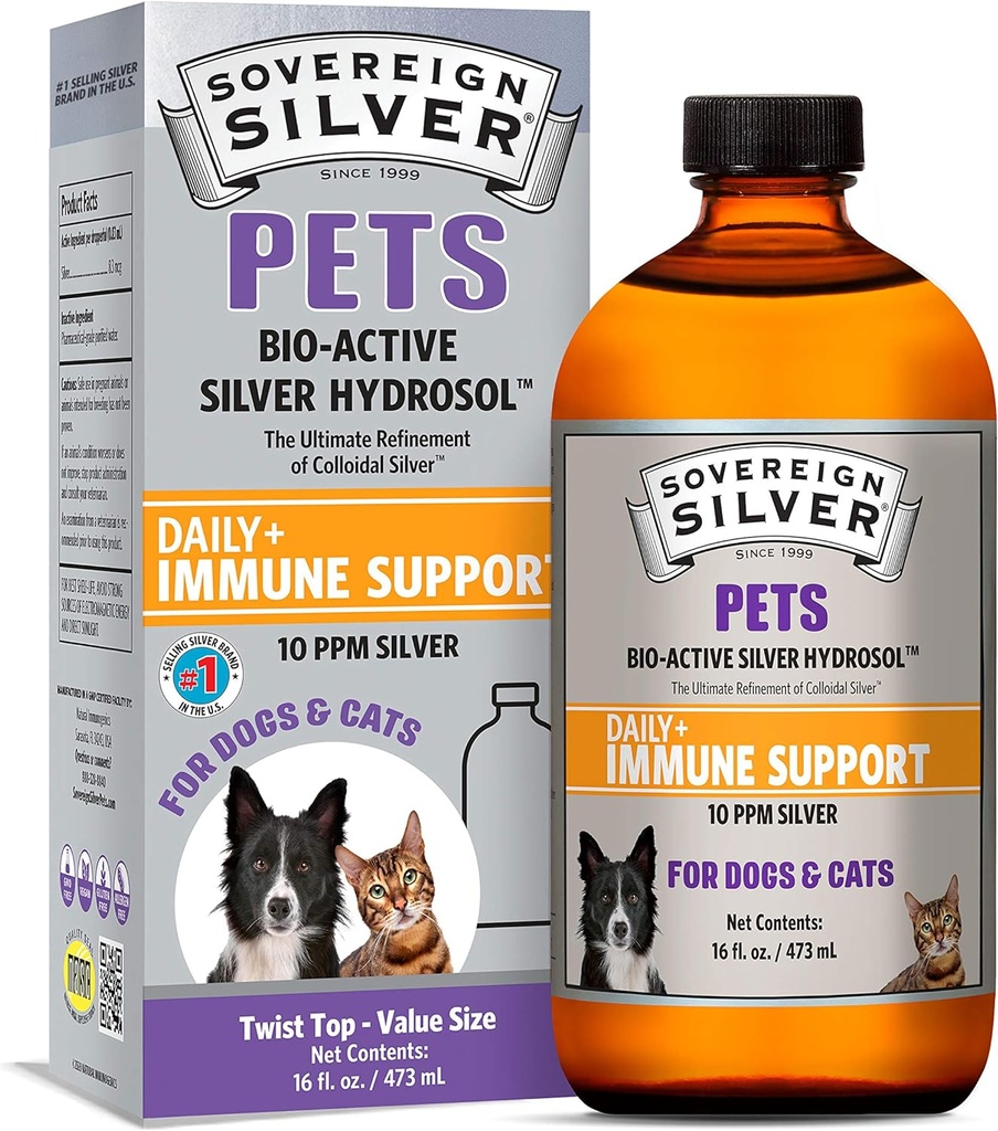 Sovereign Silver Pets Immune Support - Colloidal Silver, Bio- Active Silver Hydrosol, untuk anjing dan kucing, 10 plum, Liquid Twist Top, 16 Fl Oz, (473 mL)