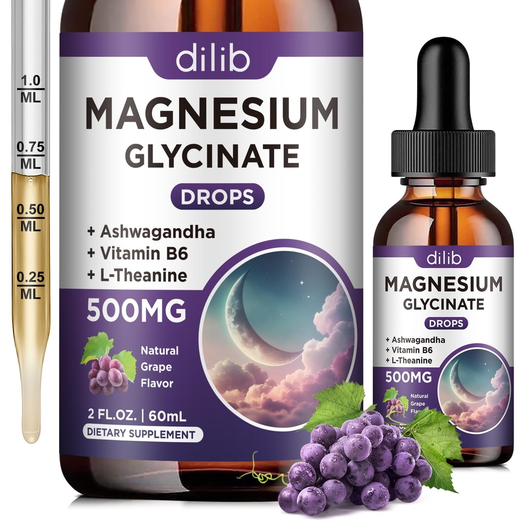 Magnesium Glycinate Liquid Drops 500mg, with Vitamin B6, Ashwagandha, L - Theanine, Chamomile, Magnesium Glycinate Suplemen Tinggi untuk Sleep, Stress, Energy - Grape Flavor, 2 FL.OZ