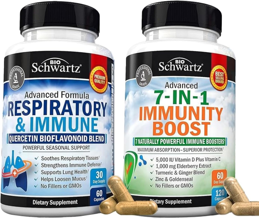 BioSchwartz Respiratory & Imune Lung Supplemen Dukungan dengan Quercetin (1 Bulan Supply) Ditambah 7 dalam 1 Suplemen Dukungan Imune dengan Antioksidants (2 Pasokan Bulan)