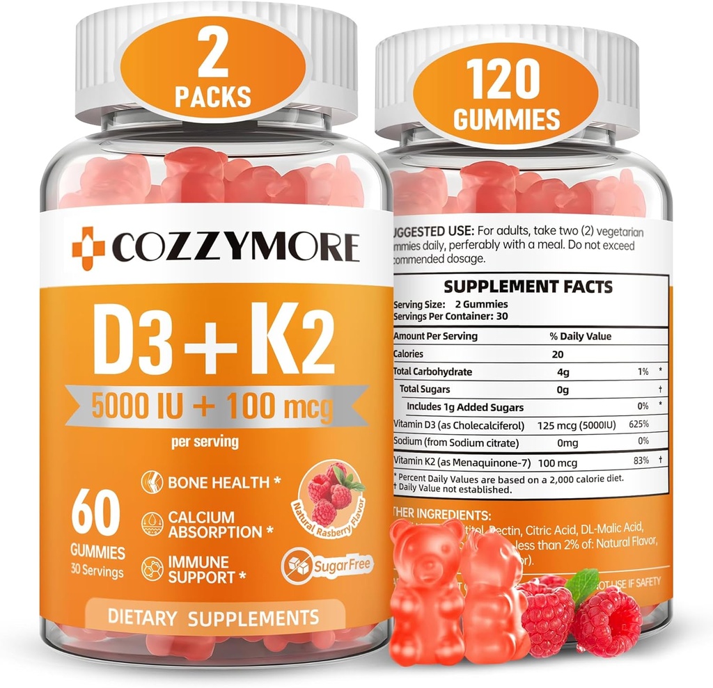 Gummies D3 K3 Free Vitamin D Vitamin Supplemen, 10.000 IU + 200mcg D3 dan K2 Suplemen, Tasty Gummy Vitamin, Dukungan untuk Bones Muscle Teeth Ammune, 60 Servings 120 Gummeri, Raspberry