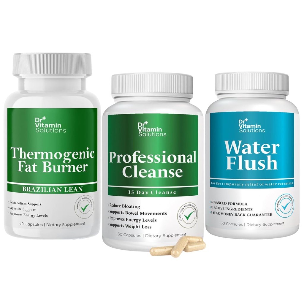 DR VITAMIN SOLUTIONS Thermogenic Fat Burner, 15 Day Cleanse, Water Flush, Weight Los for Women & Men Bundle, 180 Capsules