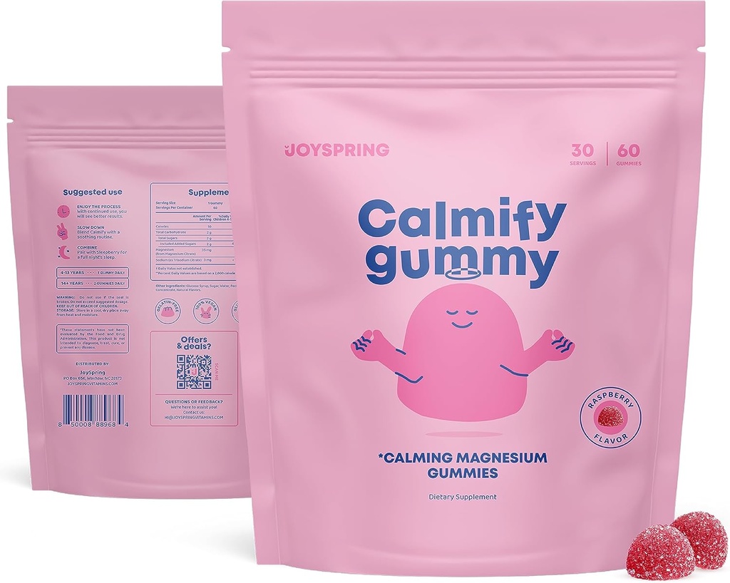 JoySpring Kids Magnesium Gummies - Calm Gummies for Kids - Calm Magnesium Dukungan Alam untuk Toddlers & Teens Tasty Low Sugar Calming 60 Count