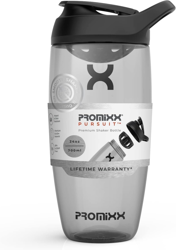 Prox Pursuit Protein Shake Bottle (24 oz) - Silent No-Ball Mixer, Leak- Providence Lid, BPA / BPS & Phthalate- Free ECOZEN - Easy- Clean Shaker Cup for Protein Shakes, Pre & Postout Smoothies