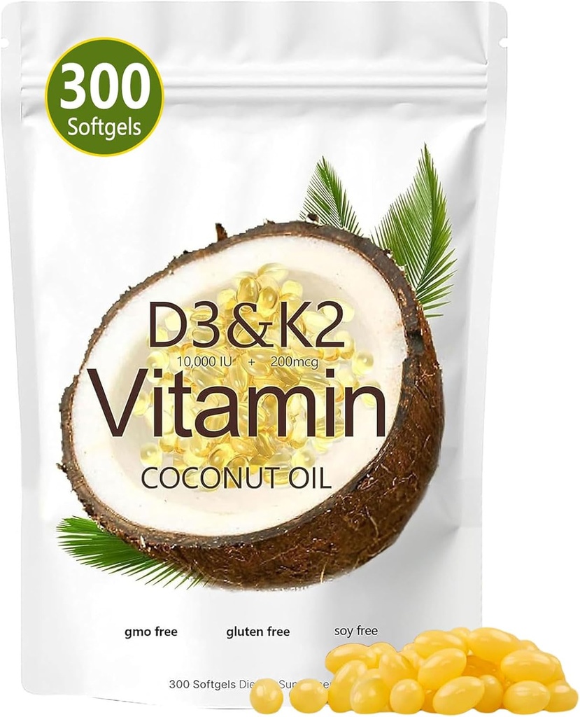 Vitamin D3 K2 Softgel, D3 K2 Vitamin 100000 IU, 100000 IU VIT D3 + 200 MCG Vitamin K2, Bebas GMO, Gluten, Soy, Bone Health, Pendukung Peledak Calcium, 300 Gels