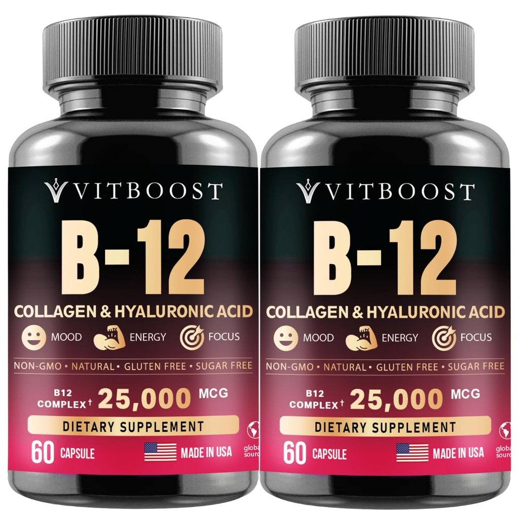 B12 Methylcobalamin dengan Acid Hyaluronic, Collagen, dan Folate - 25000 mcg Absorpsi & Boost Energy 12.4- Free, dibuat di USA, B1, B3, B6, B7 Complex - Paket 2