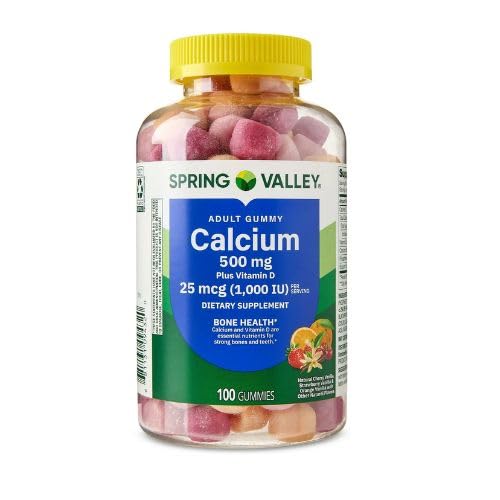 Spring Valley Calcium 500 mg Plus Vitamin D 25 mcg Bone Health Dietary Gummies, 100 Count + DRI Store Sticker.