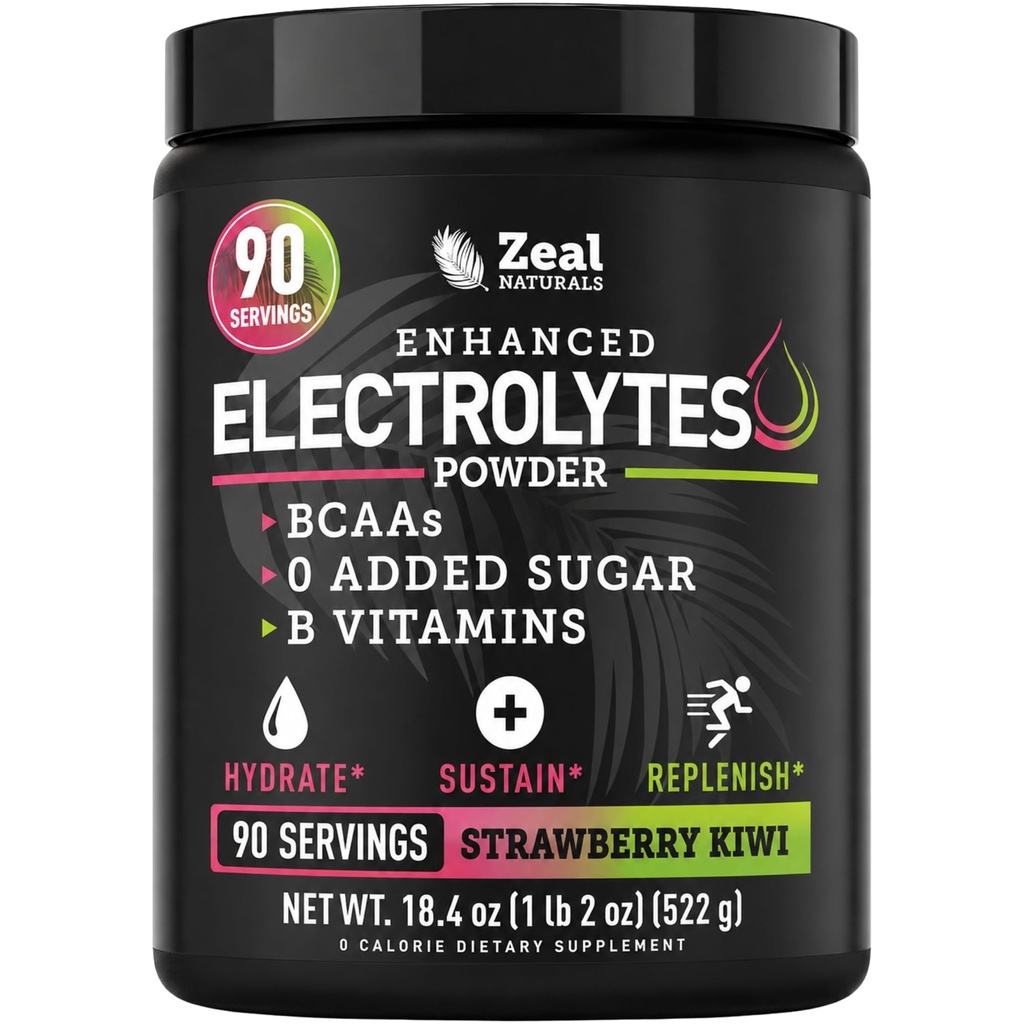 Zeal Recovery Powder Electrolite Recovery (90 Servings = 124; Strawberry Kiwi) w 0 Sugar + BCAS + B-Vitamin Electrolyte Supplemen w Poteminc & Magnesium for Hydration - Keto Electrolytes