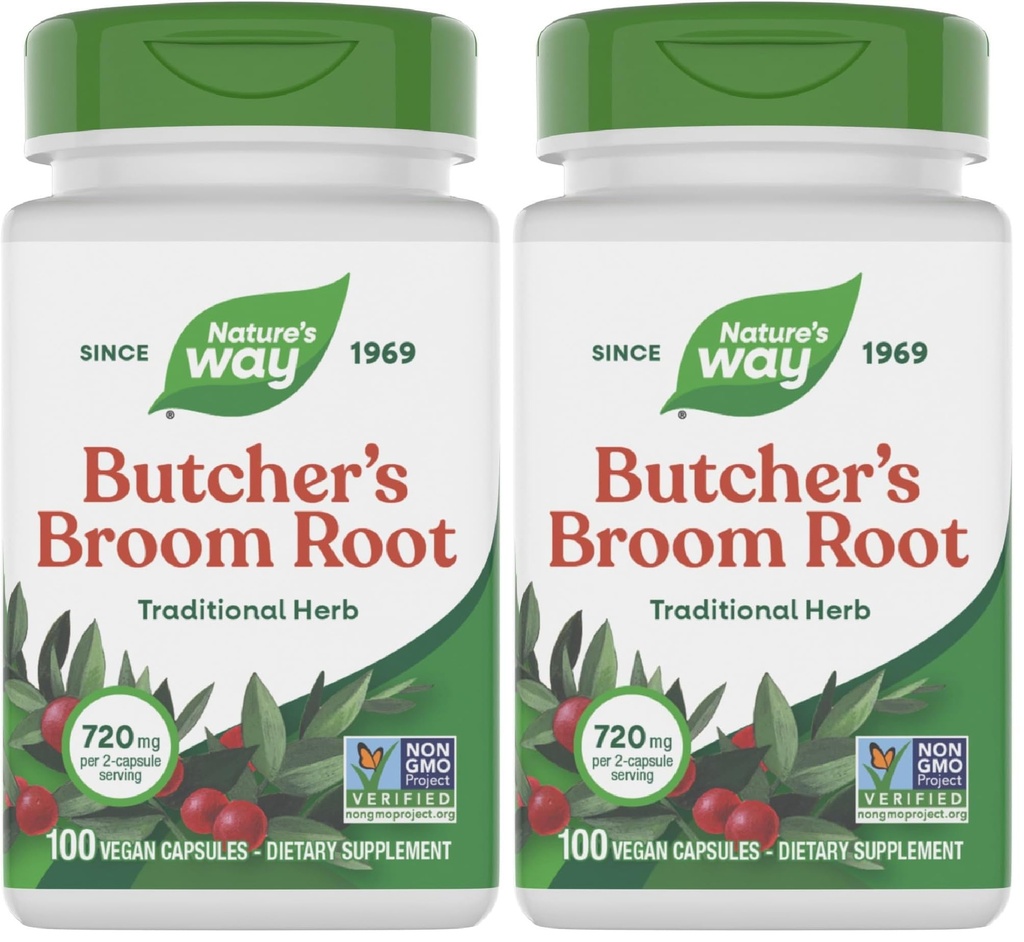 Nature 's Way Butcher' s Broom Root, Dukungan Leg Vein Tradisional *, 100 Vegan Capsules (Paket 2)
