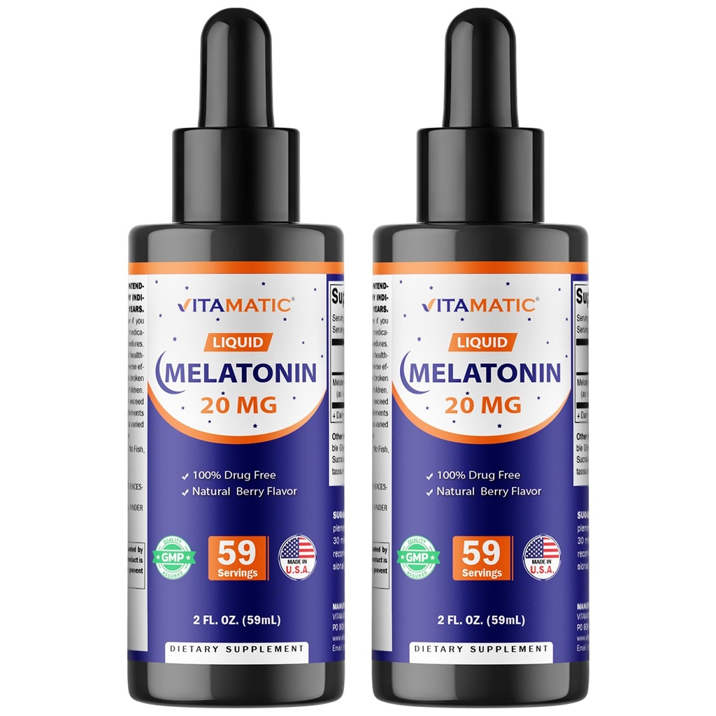 Vitamatic 2- Pack Melonatin 20mg Liquid Drops - 2 fl oz (59 ml) Each-Natural Berry Flavor - Non-GMO, Vegetarian Supplemen untuk Dewasa