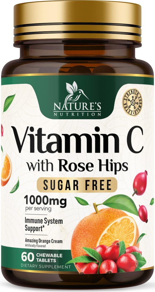 Vitamin C Chewable 1000mg - Ekstra Antioksidan Kekuatan untuk dukungan kekebalan kuat w / Vitamin C & Rose HIPS - Mampu VIT C Chews Supplemen, Natural Orange Flavor, Vegan, Non-GMO - 60 tablet