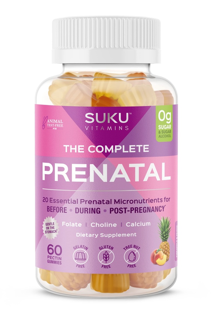 SUKU Prenatal Multivitamin Gummies - Melengkapi, Kalsium, Vitamin D3, B12, K2 - Sugar-Free, Vegetarian, Gluten- Free Pregnancy Dukungan - Pinepeach Flavor - 60 Count
