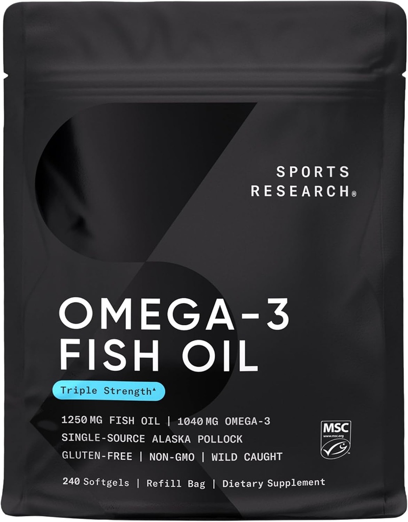 Penelitian Olahraga Triple Power Omega 3 Fish Oil - Tambahan Minyak Ikan tanpa cacat w / EPA & DHA Acids Gendut dari Pollock Wild Alaska - Hati, Otak & Imune Dukungan untuk Pria & Perempuan - 1250 mg, 240 ct