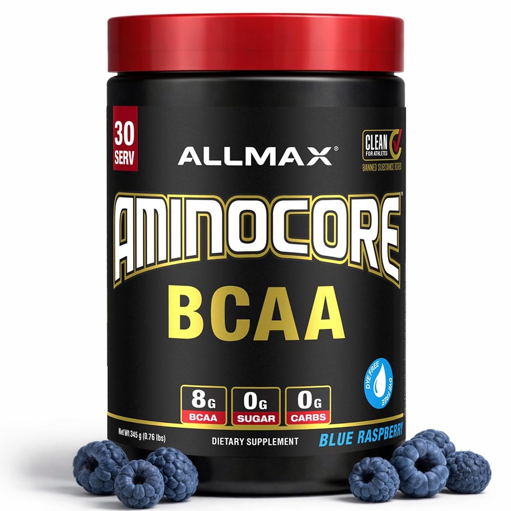 LLMAX NUtrition AMINOCORE BCAA - 8G BCAAS - 100% Cabang Murni Berrantai Amino Acids - Gluten Bebas - Raspberry Biru - 315 Gram
