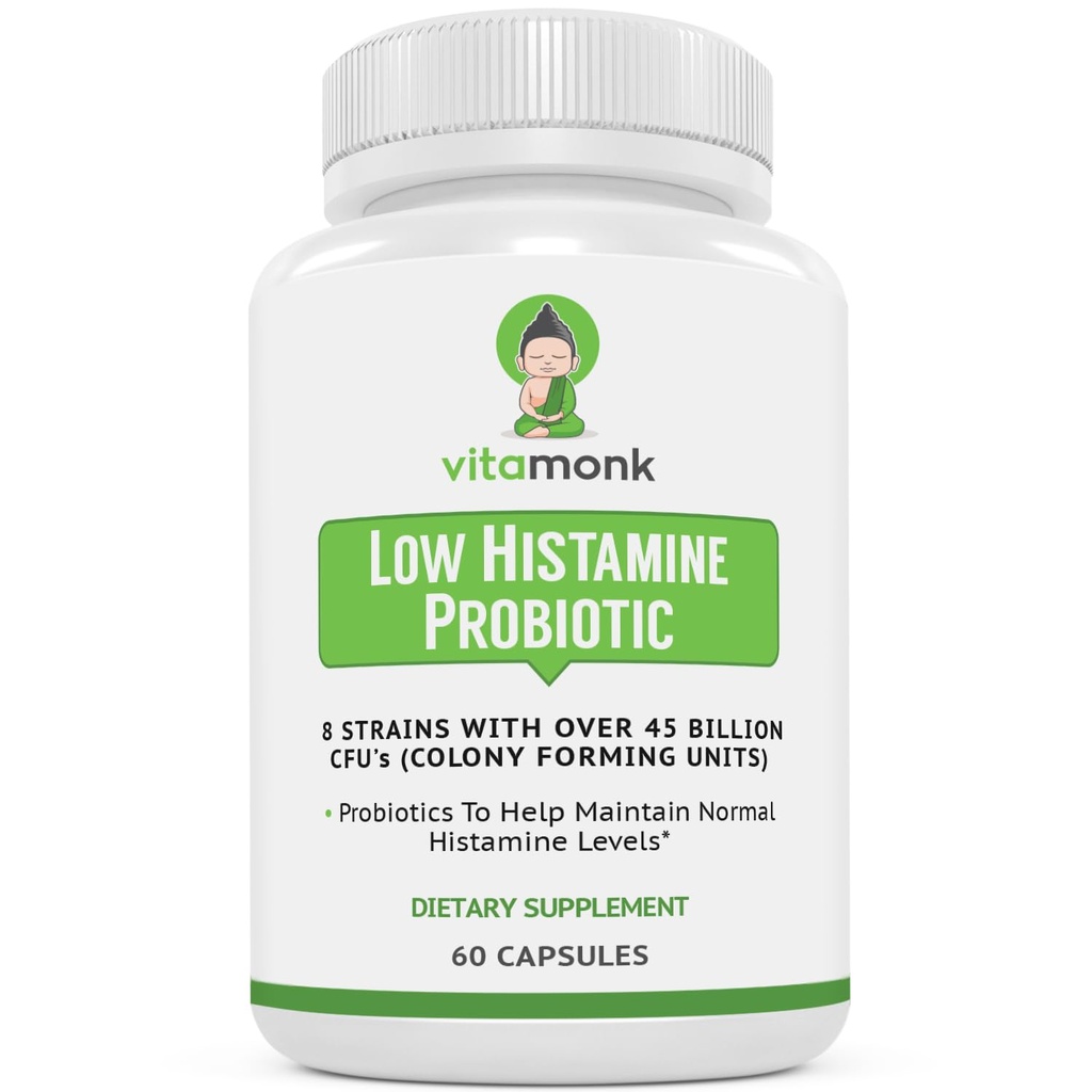 VitaMonk Low Histammin Prograine Fight Histammine Intoleransi dan Dut Balanced Health - Histamine Free Probiotic for Those Seaking Health Improvements with Histampine Control -60 Capsules