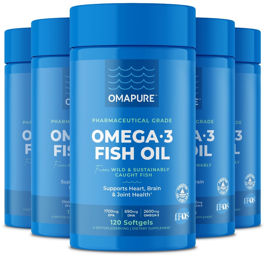 Suplemen Minyak Ikan dengan Omega 3 Fatty Acids (5 Bottle, 120 Softgeels) - EPA tinggi, DHA, & IFOS Pil Minyak Ikan Mendukung Fungsi Otak Hati & Gabungan - Pembakar Minyak Ikan