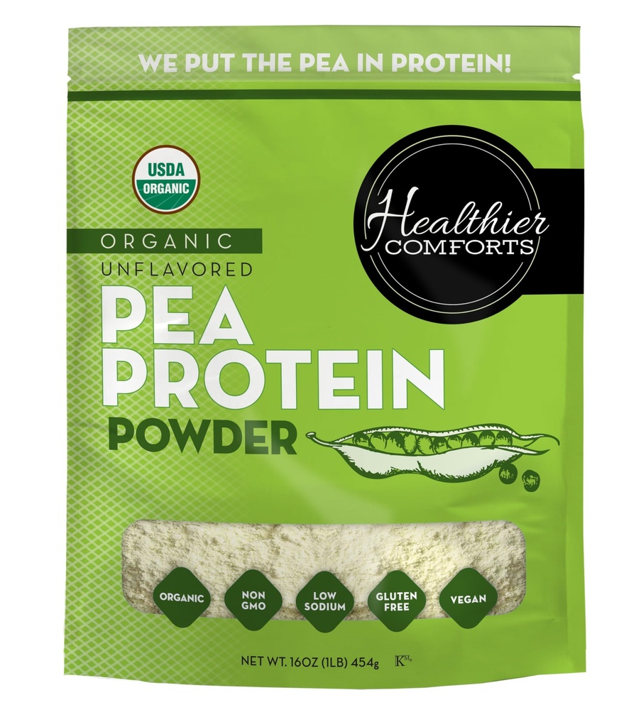 Healthier Comforts Unflashing Pea Protein Powder - Low Sodium (1 lb) (14; USA Grown and Processed 126; 100% Plant Based Protein Powder 126; Kosher, Gluten Free, Non-GMO, Keto Friendly (16oz)