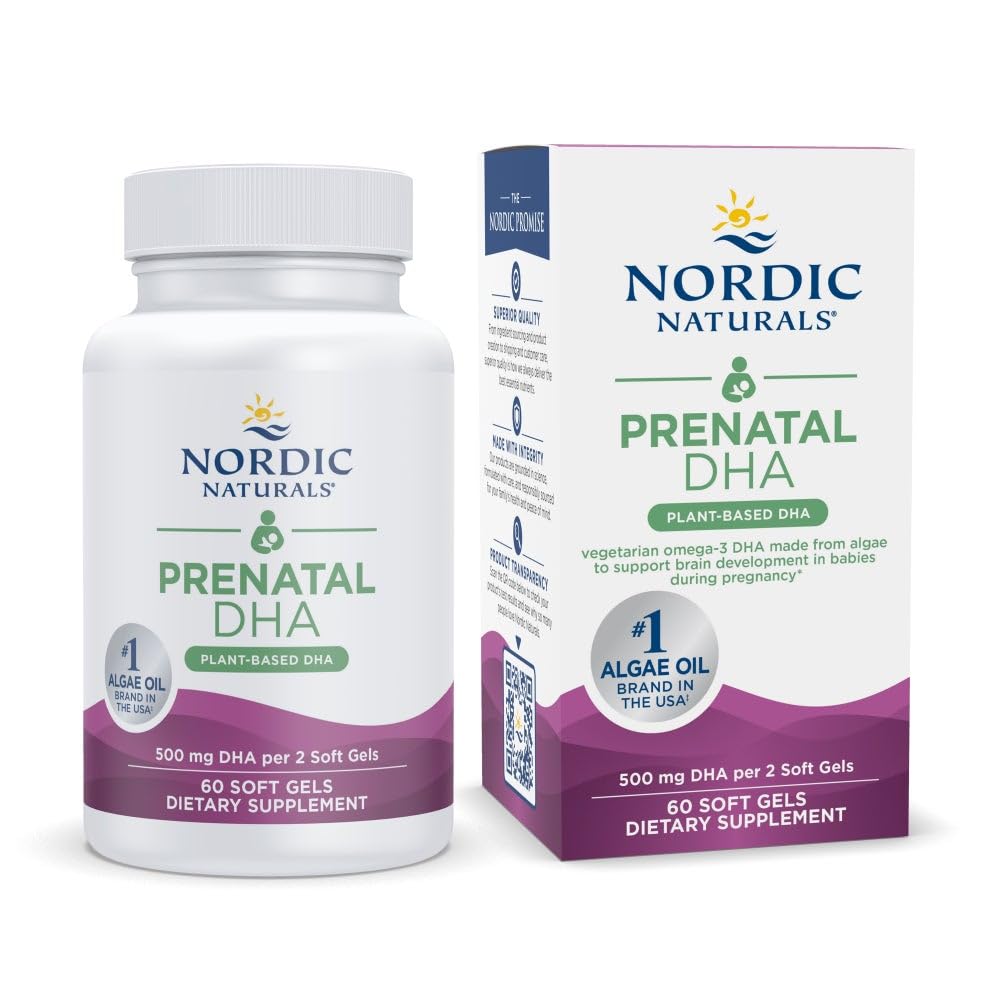 Atlet Nordic Vegan Prenatal DHA, Unhafeared - 60 Soft Gels - 500 mg Plant- berbasis DHA - Mendukung Pengembangan Otak dalam Kehamilan Bayi & Kesehatan - Non-GMO - 30 Servings