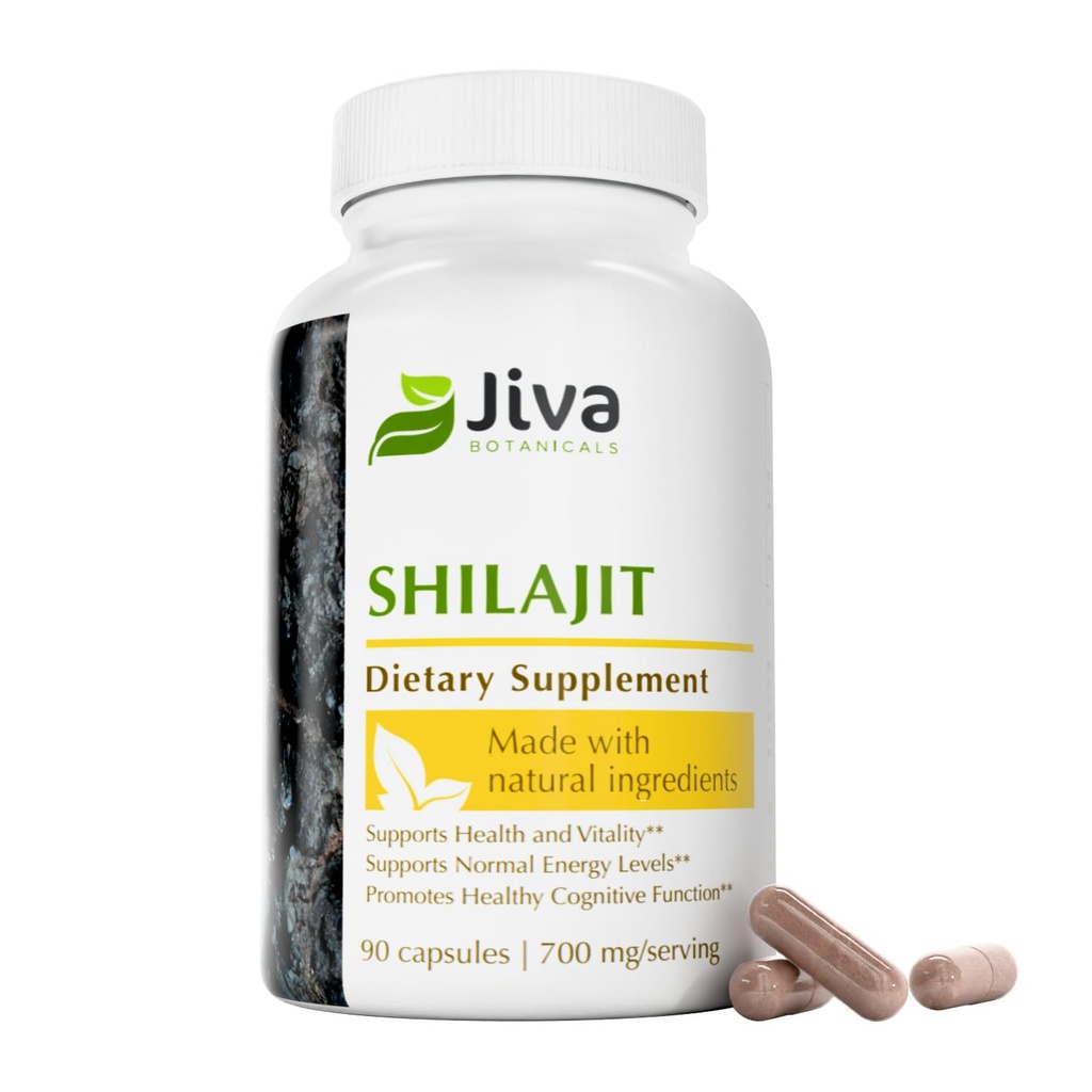 Jiva Botanicals Shilajit Capsules 700 mg - Shilajit Extract with Fulvic Acid - Shilajit Suplemen Pria & Women - 90 Vegan Capsules for Daily Wellness - 90 Count (Pack of 1)