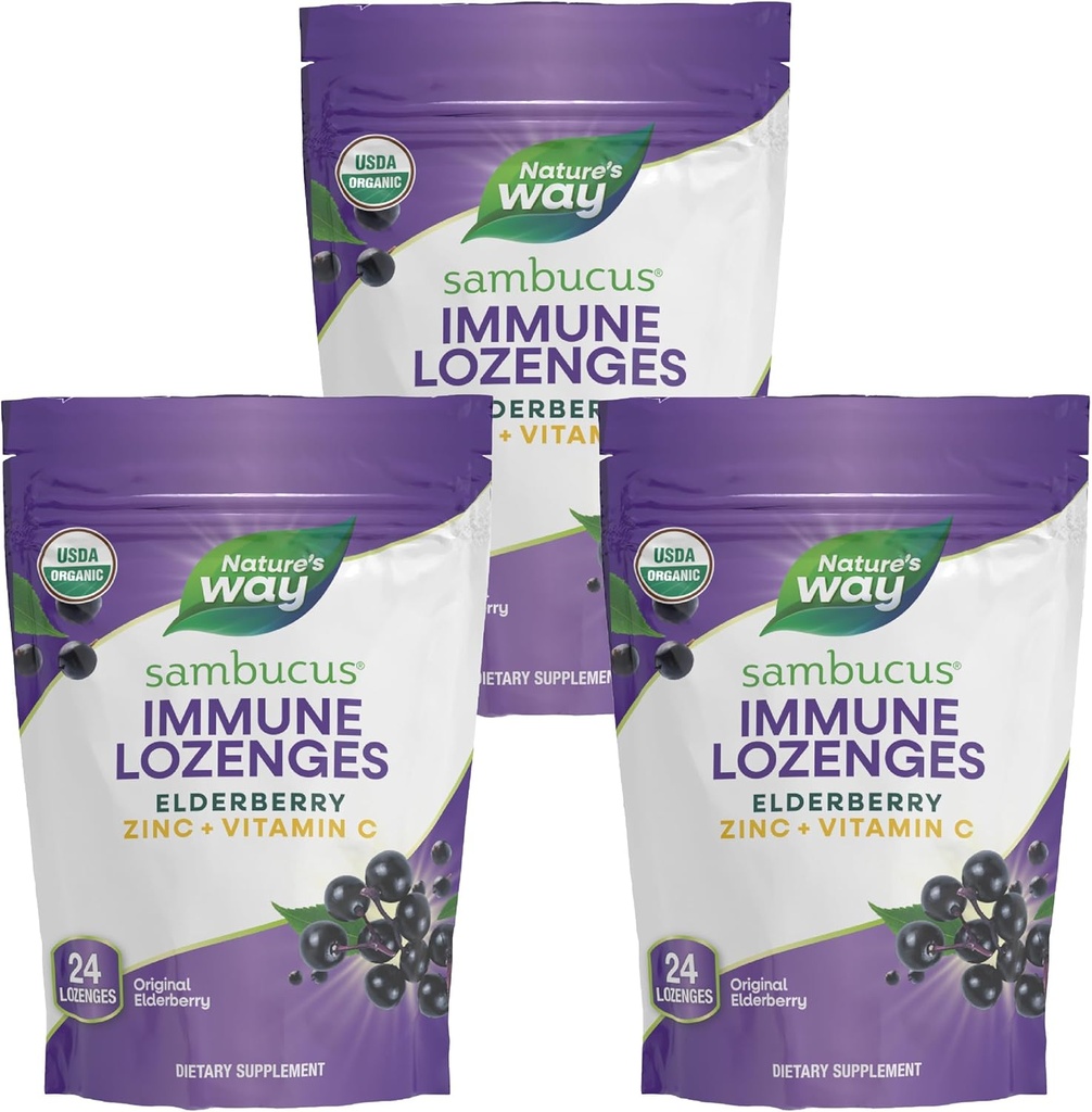 Nature 's Way Sambucus Ammune Lozenges, Zinc + Vitamin C, Black Elderberry Extract, USDA Certified Organik, Berry Flavored, 24 Lozenges (Packaging May Vary) - 3 Pack