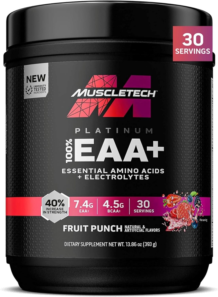 MuscleTech Platinum Estinum Amino Acids Suplemen dengan Electrolite, Fruit Punch - Pre-Workout Powder for Energy, Muscle Growth & Power Builder - EAA Complex for Men & Women