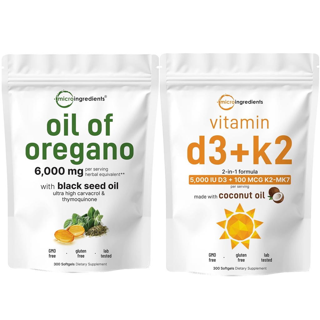 Micro Ingreations Oil of Oregano Softges 6000 mg Per Serving & Vitamin D3 5000 IU Plus K2 (MK-7) 100 mcg, 300 Virgin Coconut Oil Softgels Bundle 124X Kekuatan Carvacrol & Thymoquinon 1244r