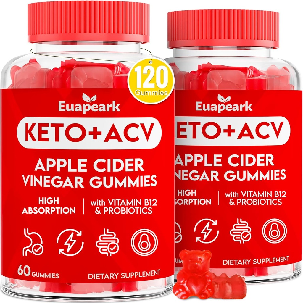 Apple Cider Vinegar Gummies, Keto ACV Gummies with Progories, Vitamin B12 & Keto Support, 2000 mg ACV with Mother for Divalry, Metabolisme, Cleanse & Detox Diet, Vegan, Low Sugar, 120 Counts