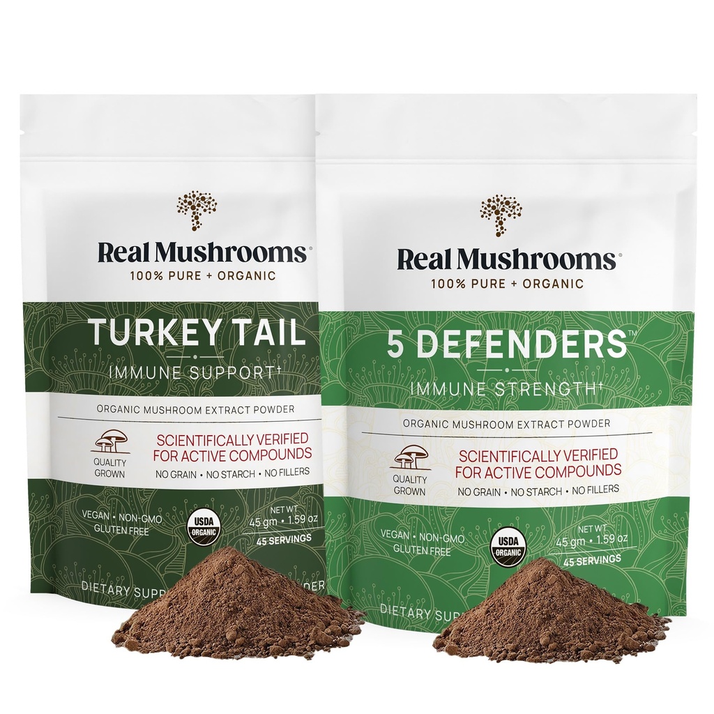Jamur asli (45g) Turki Tail (45g) dan 5 Defender (45g) Mushroom Extract Powder Bundle - Suplemen Jamur untuk Kekuatan Imune - Vegan, Suplemen Imunitas Non-GMO