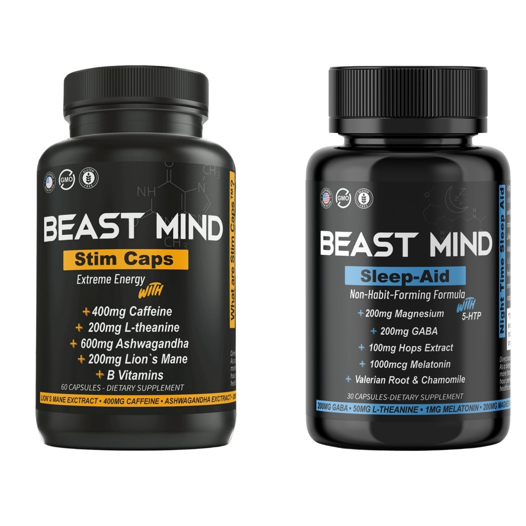 Day & Night Energy With Sleep Aid Bundle 124; 400mg Caffeine 124; 600mg Ashwagandha 124; 200mg Mile Mane 124; Increased Energy & Focus & Mood Sleep Aid with GABA, Valerian Root, Chamomile, Melensium, Magnesium