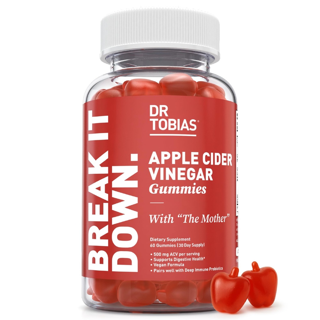 Dr. Tobias Apple Cider Vinegar Gummies with The Mother, 500mg ACV per Serving, Plus Folate, B6, B12 & Iodine, Support Digetical Health, Gut Cleanse & Detox, Vegan, 60 Gummies