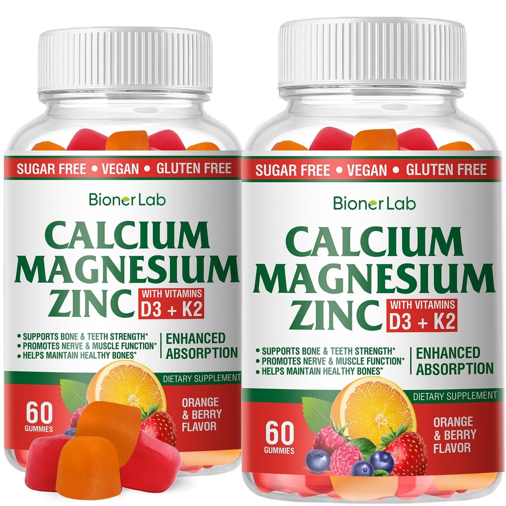 BionerLab Kalsium Magnesium Zinc Gummies dengan Vitamin D3 & K2 - Potensi Tinggi Enhanced Absorpsi - Orange dan Berry Flavored