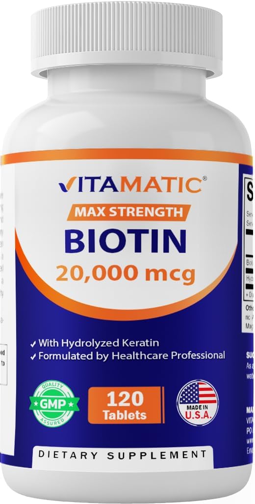 Potency Tinggi Vitamatic Biotin 20000 mcg (20mg) dengan Kertin 100mg - 120 Vegetarian Tablet - Suplemen Biotin untuk Healthy Hair Skin & Nails untuk Dewasa (120 Cacah (Paket 1)