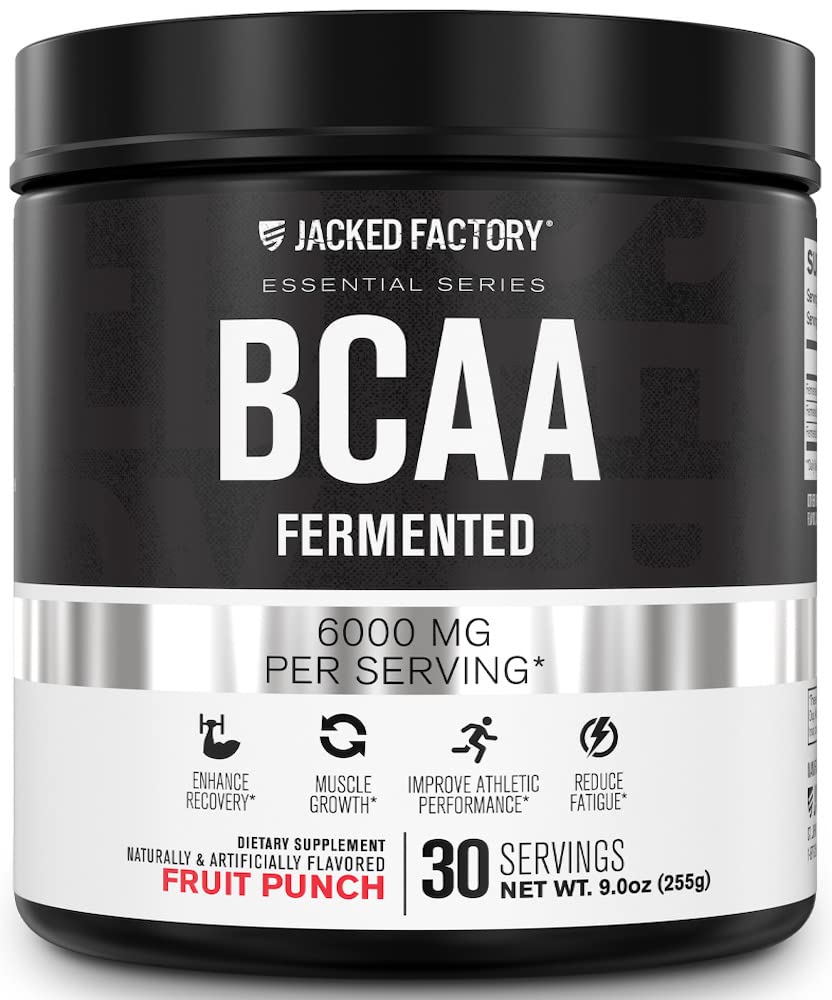 Jacked Factory BCAA Powder (Fermentasi) - 6g Branched Chain Escally Amino Aclement for Improved Muscle Recovery, Reduced Fatigue, Increased Strength, Muscle Growth - 30 Servings, Fruit Punch Punch