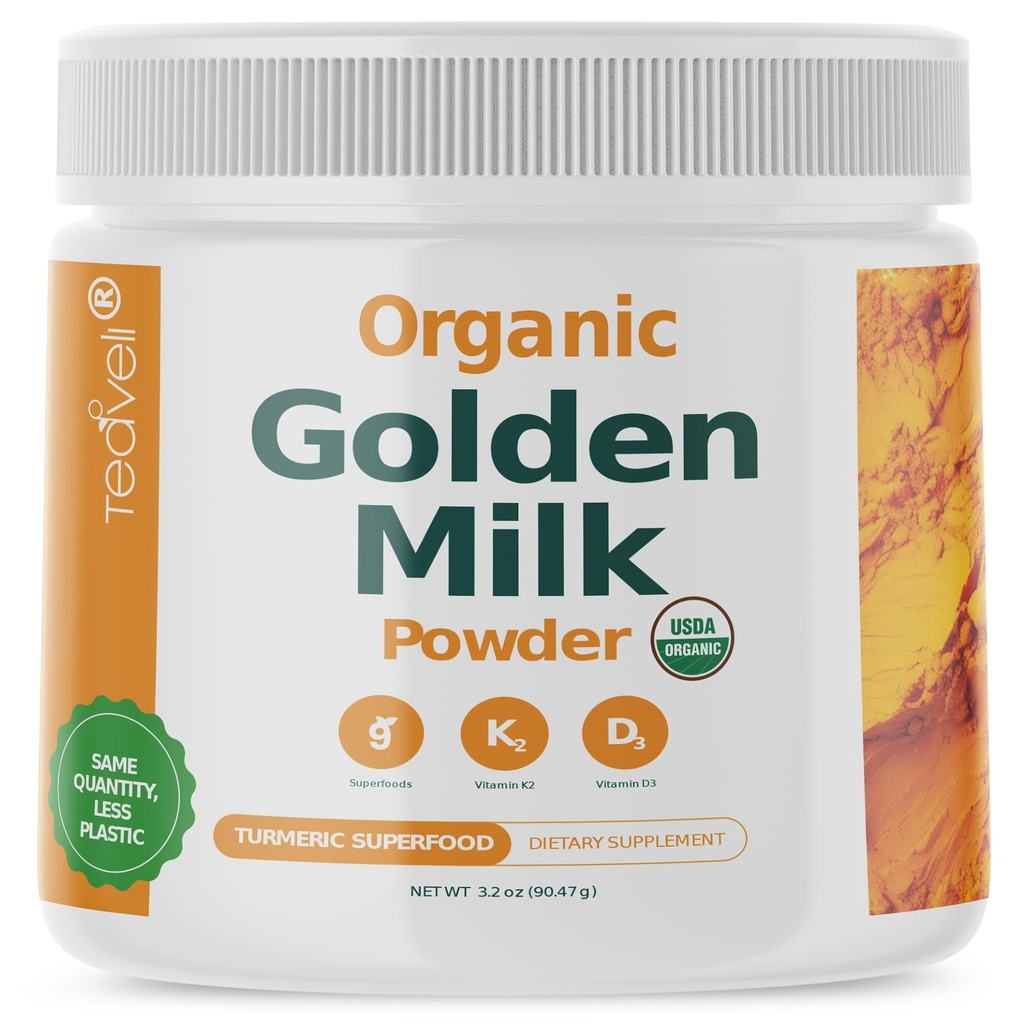 Powder Susu Emas Organik dengan Vitamin D3 & K2, Turmeric, Ginger, Curcumin, Cinnamon, KSM66 Ashwagandha, Basil & Natural Prebiotika - Deticated Turmeric Tea Latte- 30