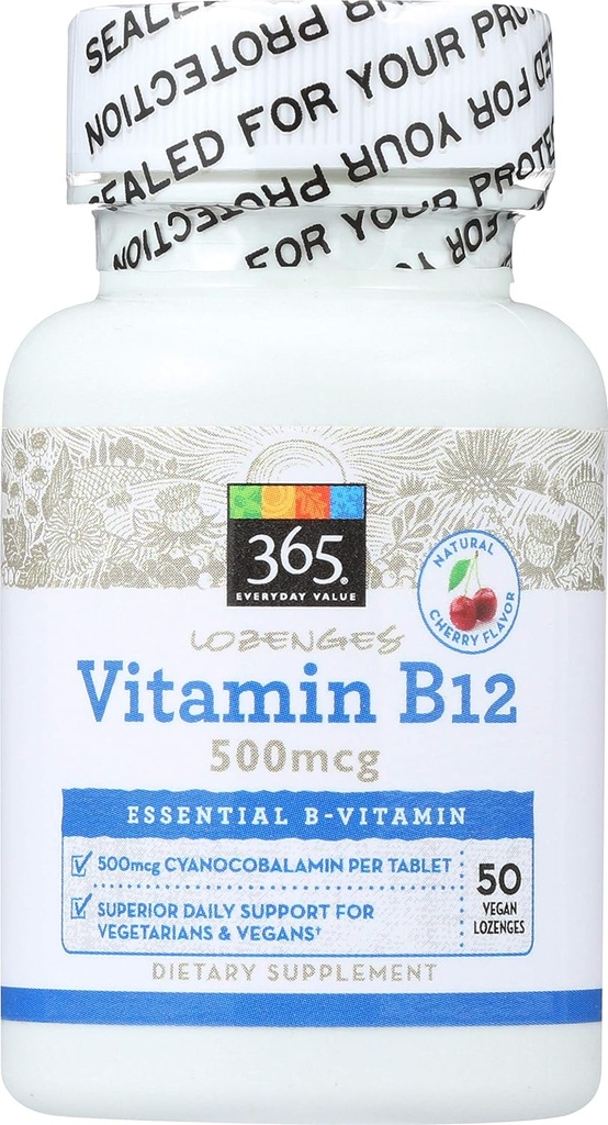 365 oleh Whole Foods Market, Vitamin B12 500mcg Lozenges, Cherry Flavor, 50 ct