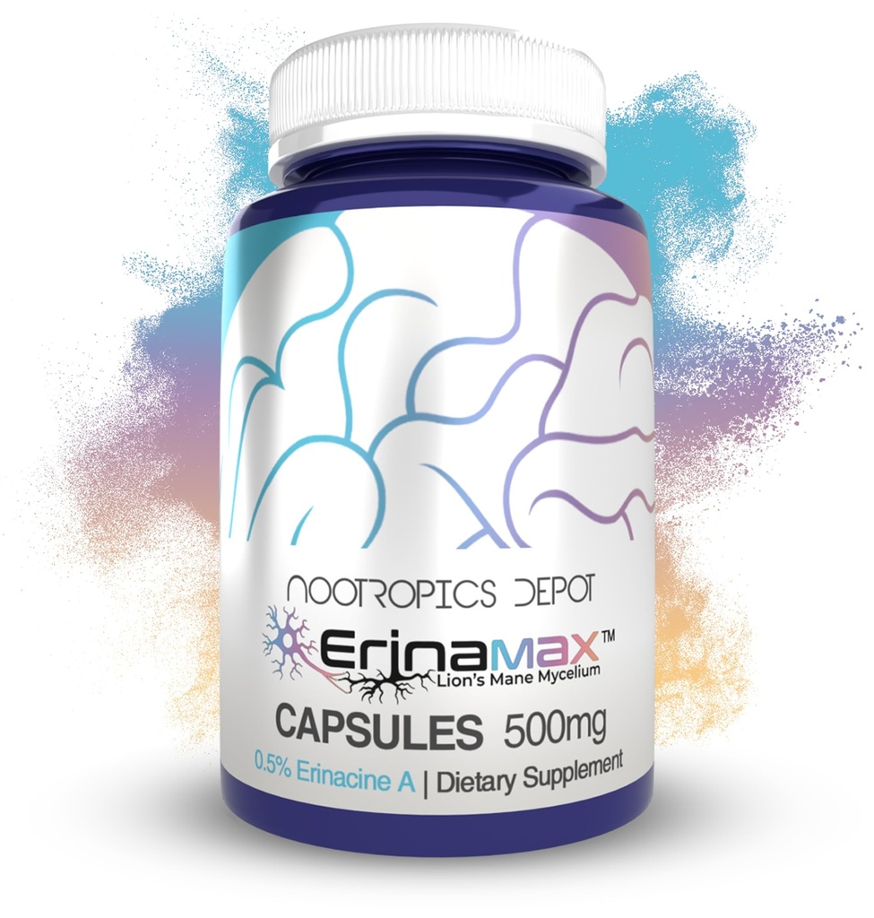 Nootropics Depot Erinamax Lion 's Mane 500mg Capsules 124; Liquid Culture Mycelium Mycelium 124; 2.5mg Erinacine A 124; Mood, Cognition, & Nerve Dukung 124; 120 Count
