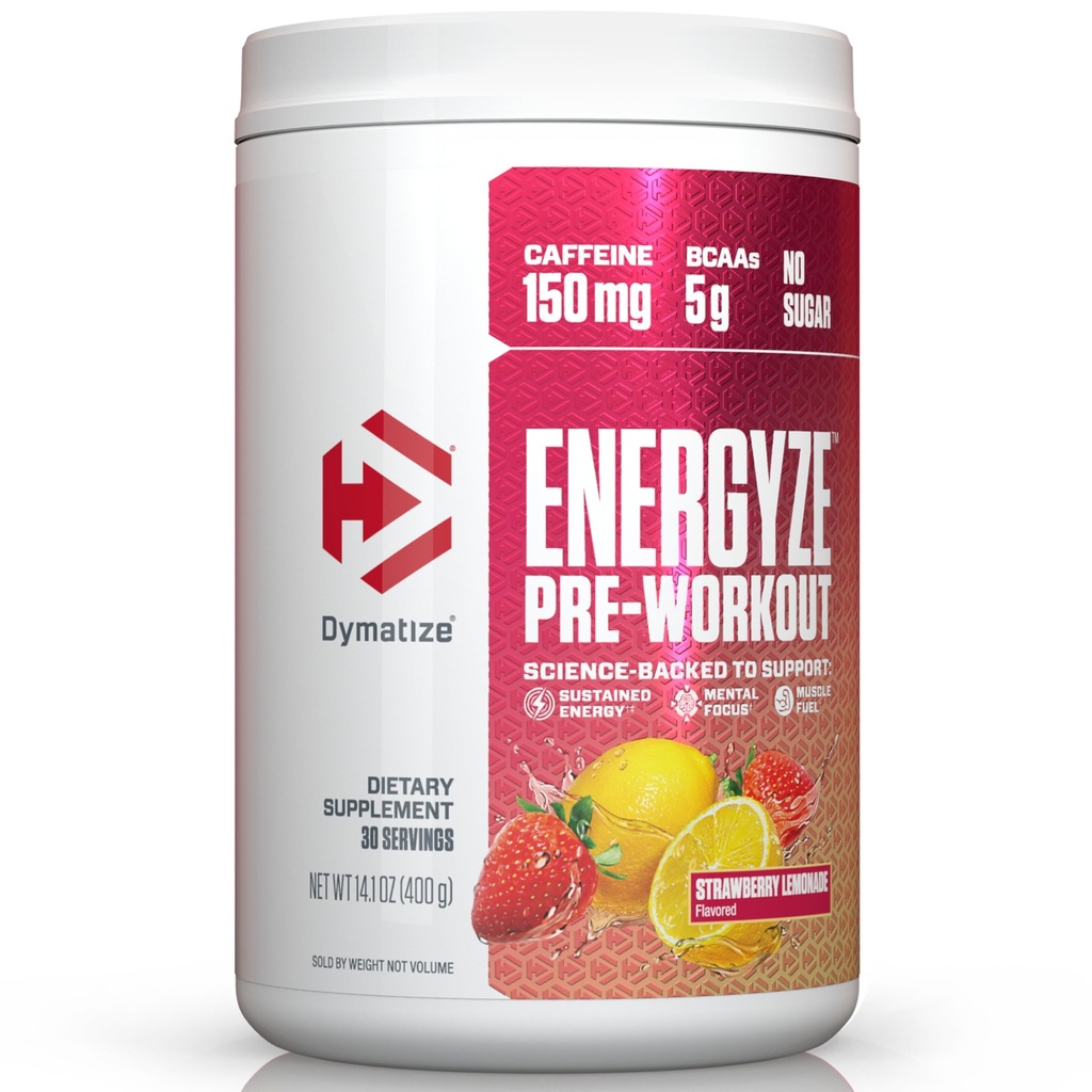 dymatize Energyze Pre Workout Powder for Men and Women, Strawberry Lemonade, 150mg Caffeine, 5g BCAAs, Performance BCadad L- Theanine, L-Tyrosine, L- Citrulline, No Sugar (30 Hamba)