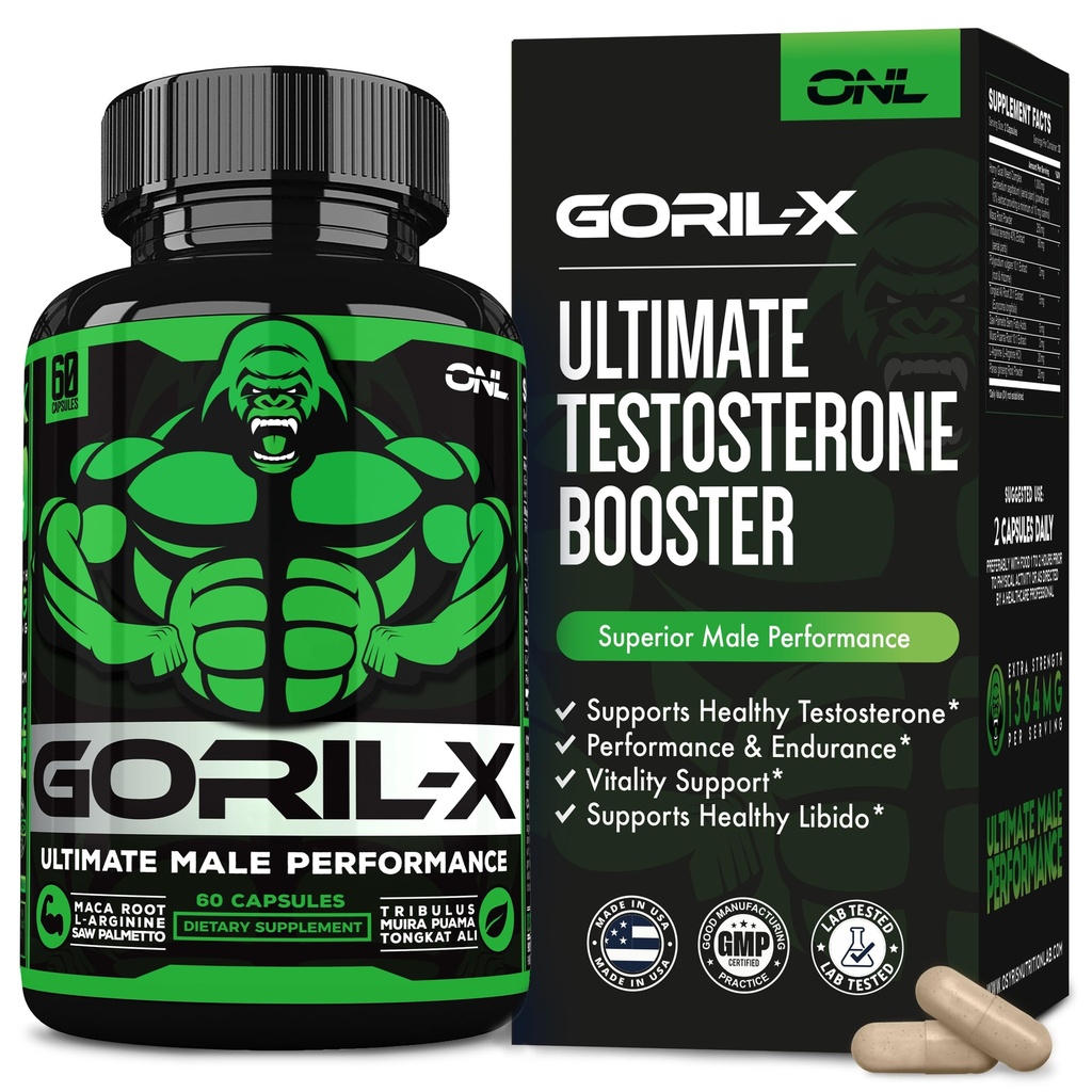 GORIL-X Testosteron Booster untuk Pria - Kerja Keluar Testosteron Suplement - Meningkatkan Ukuran, Kekuatan & Energi - 100mg Pria Enhancing Horny Goat Weed - Maca Root, Tongkat Ali & Tribulus Terrestris 60 Caps
