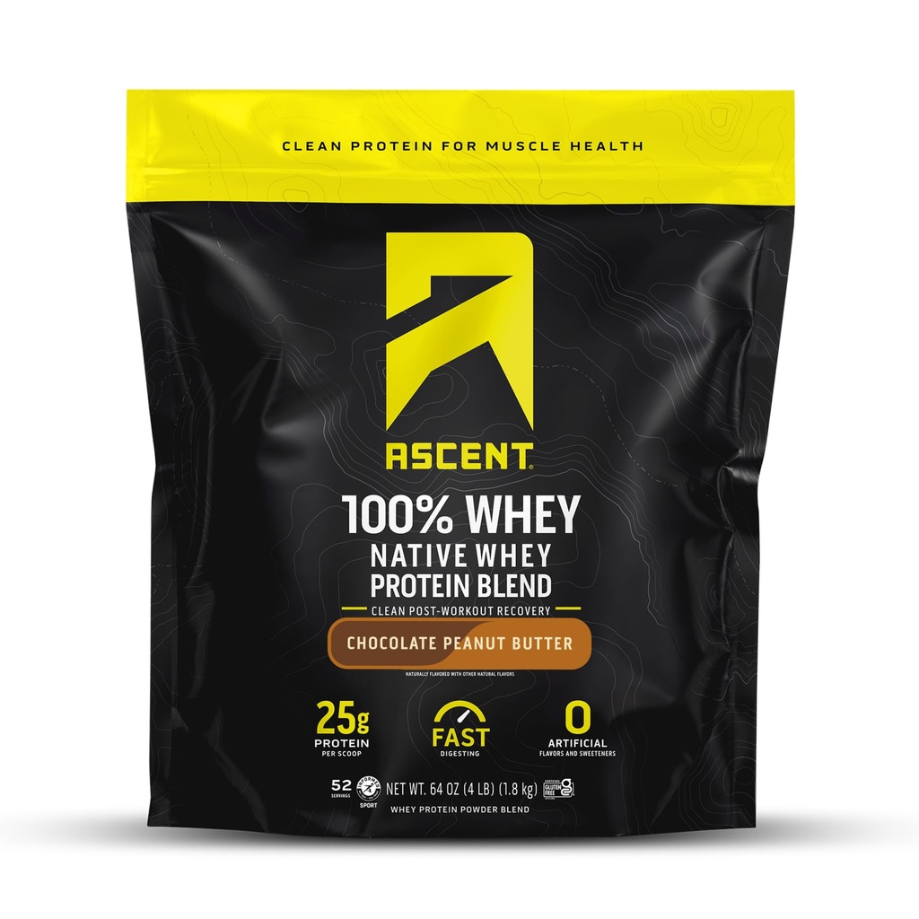 Ascent 100% Whiy Protein Powder - Post Workout Whey Protein Isolate, Zero Artificial Flavors & Sweeteners, Gluten Free, 5.5g BCAA, 2.6g Leucine, Estomer Acids, Chocolate Peanut Butter 4 lb