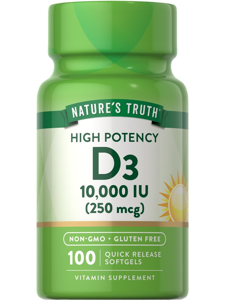 Nature 's Truth D3 Vitamin 10,000 IU Softgels Suplemen 124; 100 Count 124; High Potency Formula 126; Non-GMO dan Gluten Free