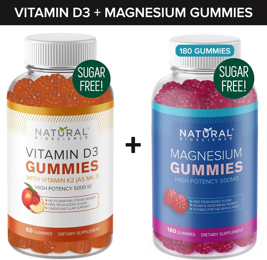 Gumi bebas Gula Vitamin D3 K2 (60 Gummies) dan Gummi Ekstra Gula Ekstra Gula Gula Gula Gula Gula (180 Gummi D3), Vitamin D3 5000 IU + K2 MK7 80 mcg, Magnesium Citrate Gummies 500 mg