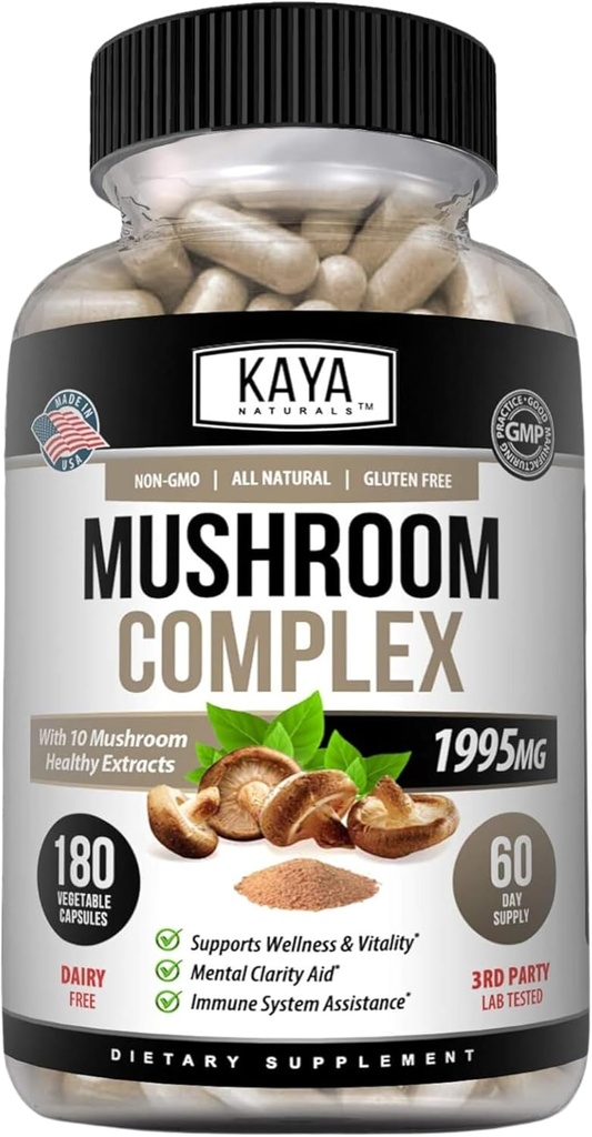 Kaya Ampial Premium Mushroom Splix-Mashroom Suplement - Mushroom Complex Capsules 1995mg Per Serving - Aids Mental Clarity Support Immune System, Wellness & Vitalitas - 180 Count