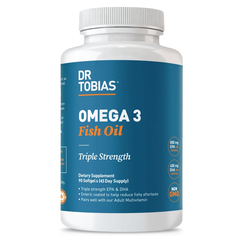 Dr. Tobias Omega 3 Minyak Ikan, 2000mg Triple Kekuatan dengan 800mg EPA 600mg DHA Per Serving, Persediaan Minyak Ikan Omega 3 untuk Jantung, Otak & Imune Dukungan, 90 Softgels, 45 Servings