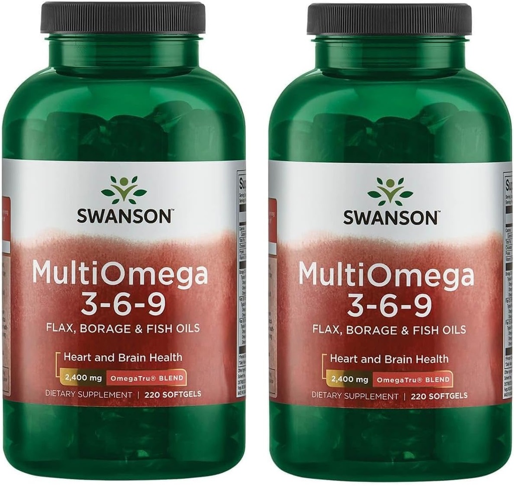 Swanson MultiOmega 3-6-9 - Non- GMO Flax, Borage & Fish Oil Capsules - Estile Acids Supporting Cardiovascular Health & Brain - (220 Softgels, 2400mg Serving) 2 Botol