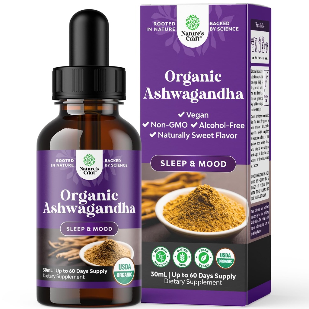 USDA Organik Ashwagandha Liquid Drops - Ashwagandha Root Extract for Stress and Mood Dukungan - Delicious Pure Adaptogen Drops for Dewasa - Alcohol- Free Herbal Tictures - 30 ml Botol