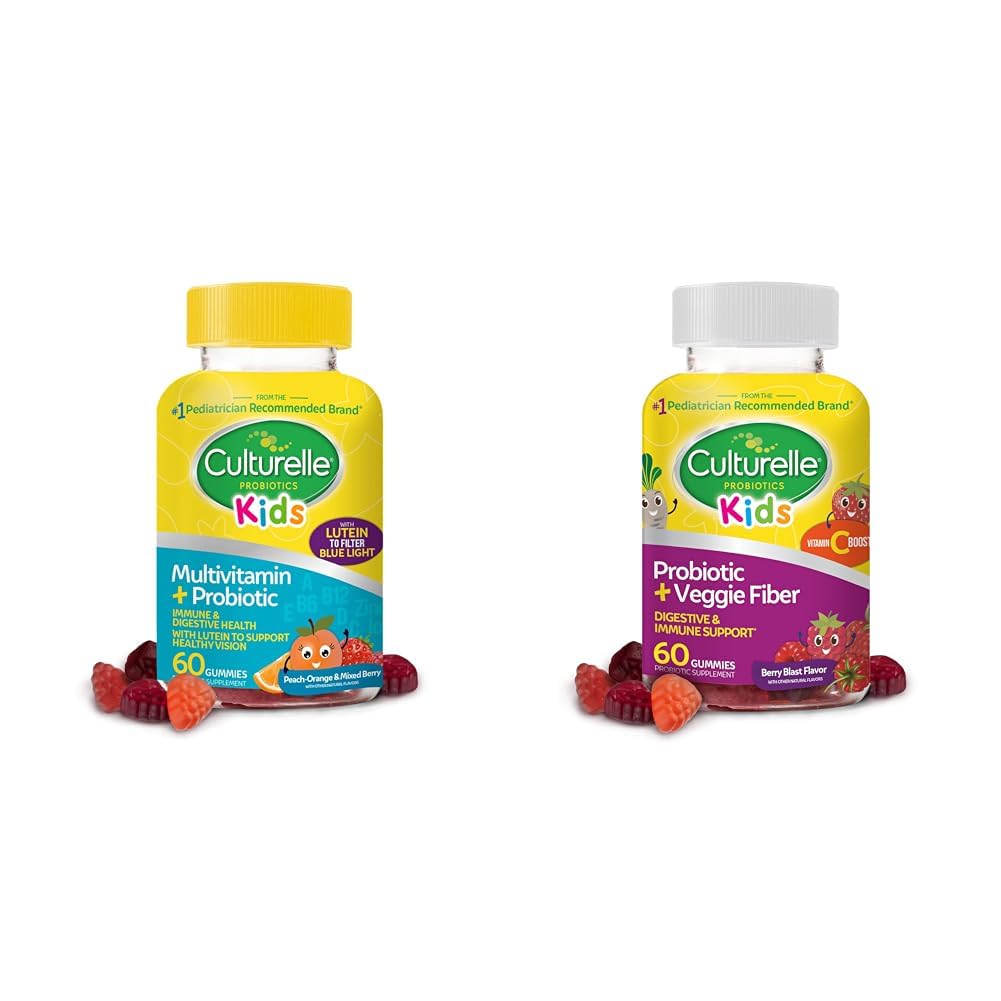 Cultuelle Kid Probiotic Gummies for Ages 2 + - Peach-Orange & Mixed Berry Flavors & Daily Probiotic for Kids + Veggie Fiber Gummies (Ages 3 +) - 60 Count - Digeptical